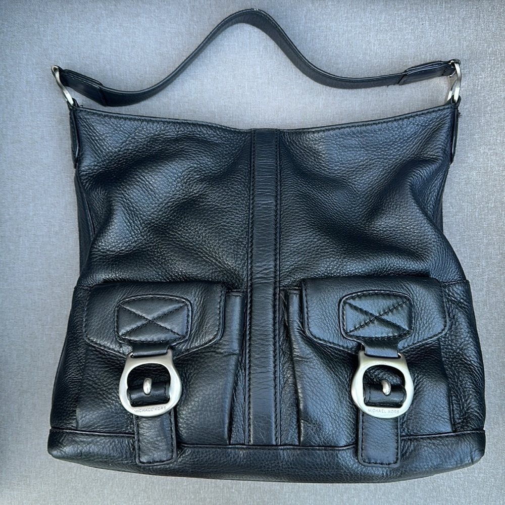 Michael Kors Black Pebbled Leather Hobo Bag with Silver Hardware